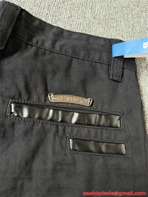  激安 クロスパッチ パンツ ブラック 迷彩レザーアップリケ ストレートシルエット 高級感ボトムス クロムハーツ コピー CHROME HEARTS