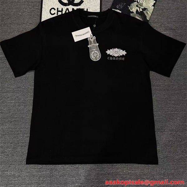  Tシャツ メンズ 半袖トップス フローラルデザイン ワンポイント 背面プリント クロムハーツ コピー CHROME HEARTS
