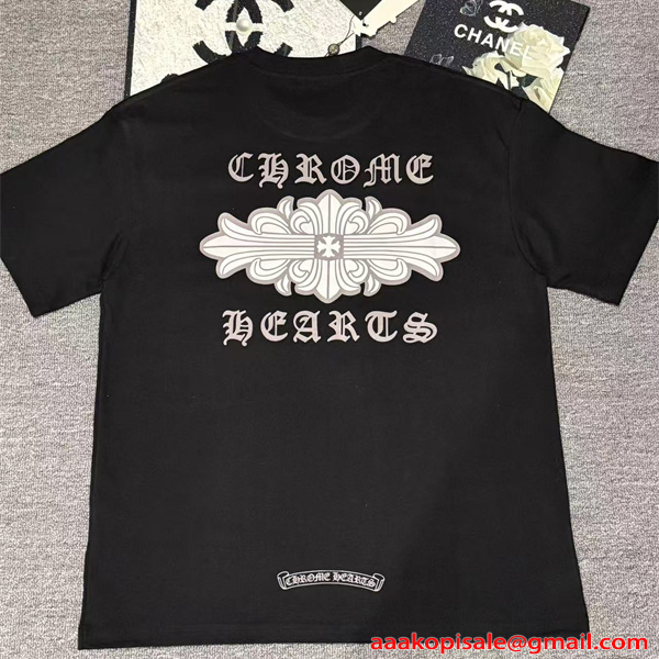  Tシャツ メンズ 半袖トップス フローラルデザイン ワンポイント 背面プリント クロムハーツ コピー CHROME HEARTS