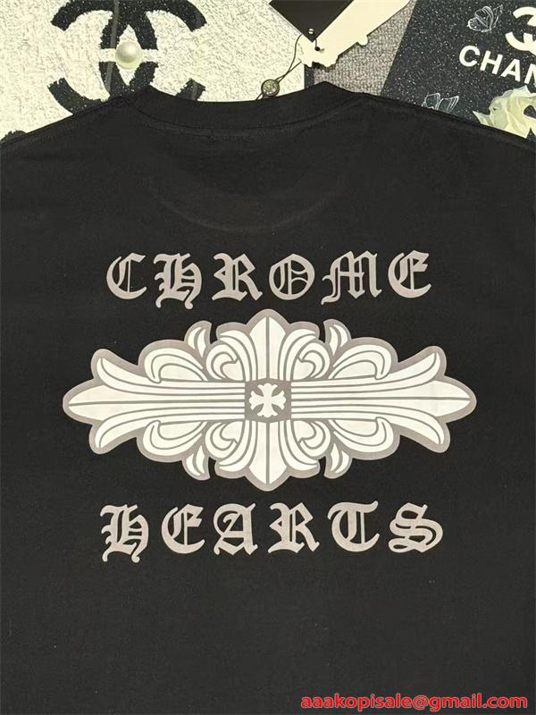  Tシャツ メンズ 半袖トップス フローラルデザイン ワンポイント 背面プリント クロムハーツ コピー CHROME HEARTS
