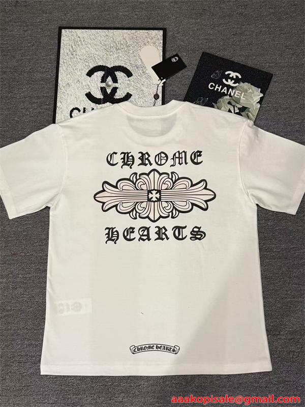  Tシャツ メンズ 半袖トップス フローラルデザイン ワンポイント 背面プリント クロムハーツ コピー CHROME HEARTS