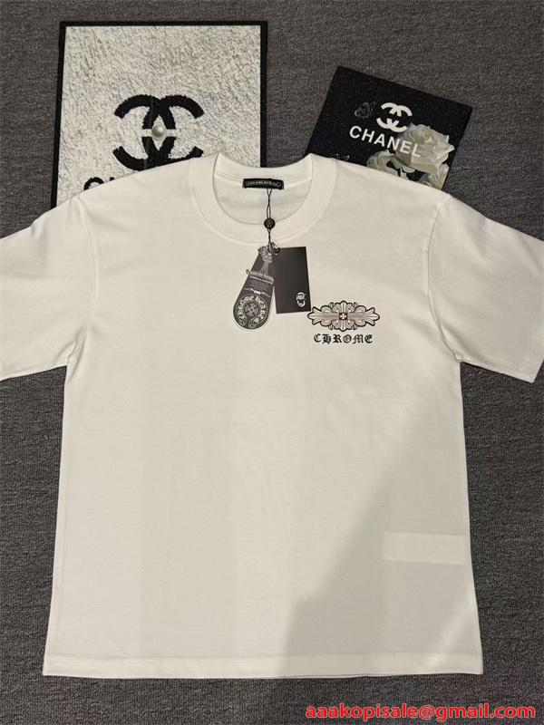  Tシャツ メンズ 半袖トップス フローラルデザイン ワンポイント 背面プリント クロムハーツ コピー CHROME HEARTS