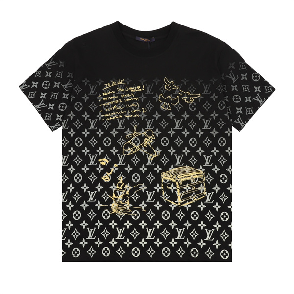 メンズ 半袖Tシャツ モノグラム総柄 ゴールドラインアート クルーネック 夏向け ルイヴィトン コピー LOUIS VUITTON