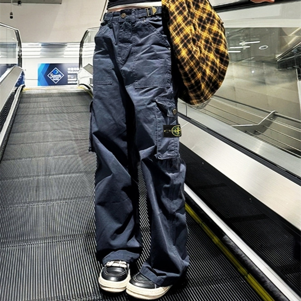 ダークネイビー カーゴパンツ  ストーンアイランド コピー Stone Island サイドロゴパッチ ワイドストレート