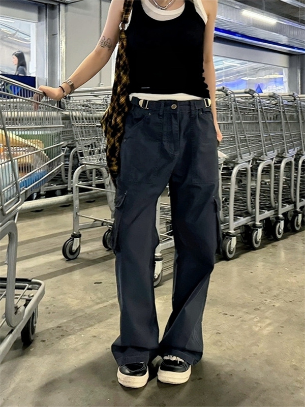 ダークネイビー カーゴパンツ  ストーンアイランド コピー Stone Island サイドロゴパッチ ワイドストレート