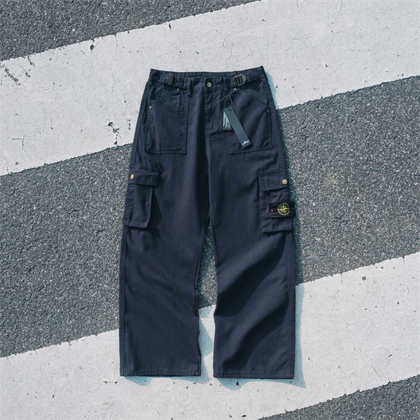 ダークネイビー カーゴパンツ  ストーンアイランド コピー Stone Island サイドロゴパッチ ワイドストレート