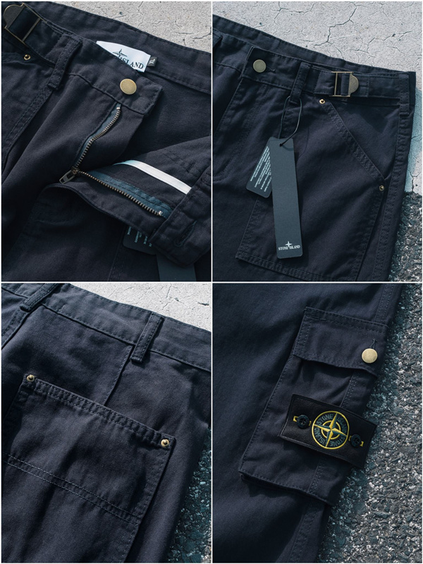 ダークネイビー カーゴパンツ  ストーンアイランド コピー Stone Island サイドロゴパッチ ワイドストレート