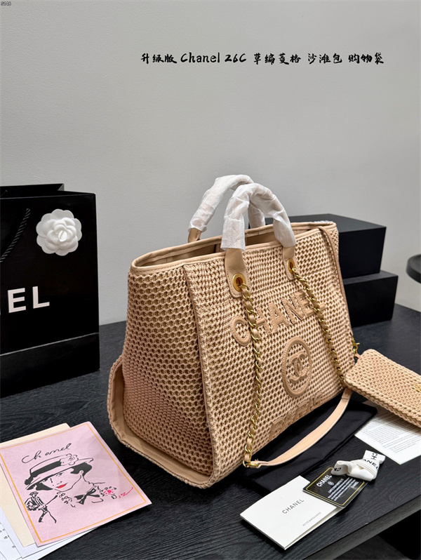 ベージュ編み目 トートバッグ ココマーク PARISロゴ チェーン付き 大容量風デザイン シャネル コピー CHANEL