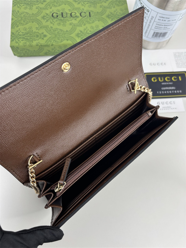グッチ コピー Gパターン チェーンウォレット ホースビット金具 ブラウンレザー調フラップ ゴールドチェーン GUCCl 財布