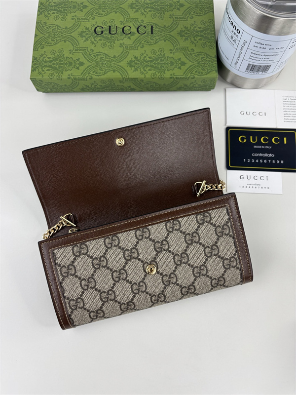 グッチ コピー Gパターン チェーンウォレット ホースビット金具 ブラウンレザー調フラップ ゴールドチェーン GUCCl 財布