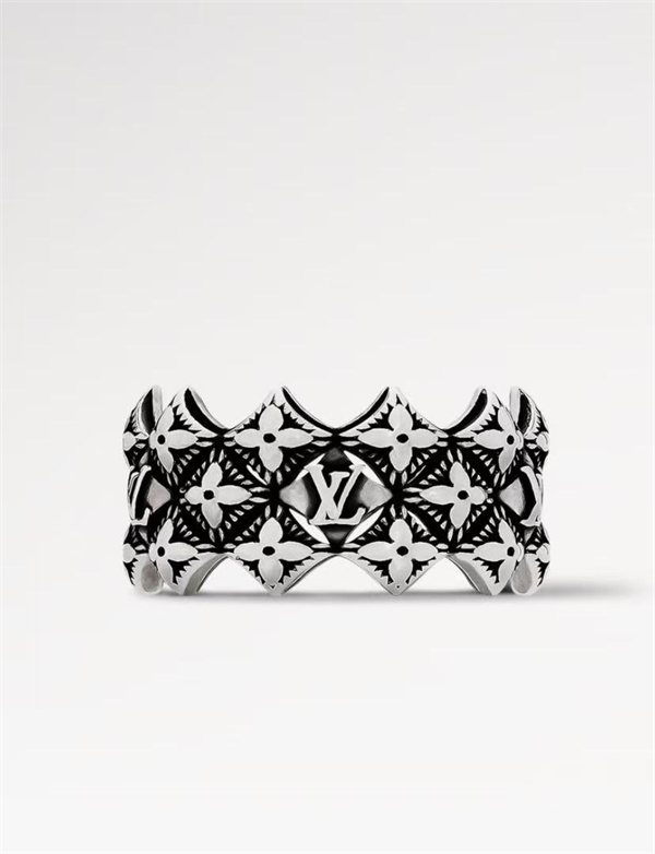 ルイヴィトン コピー モノグラムフラワー リング シルバーカラー LVロゴ ブラックパターン ワイドデザイン Louis Vuitton
