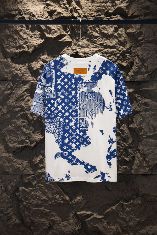ブルーモノグラム 半袖Tシャツ Louis Vuitton ホワイトベース ルイヴィトン コピー バンダナ調プリント クルーネック 総柄デザイン