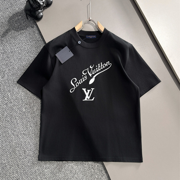 ロゴプリント カットソー Louis Vuitton センターLV ルイヴィトン コピー モノトーン 半袖Tシャツ ベーシックシルエット