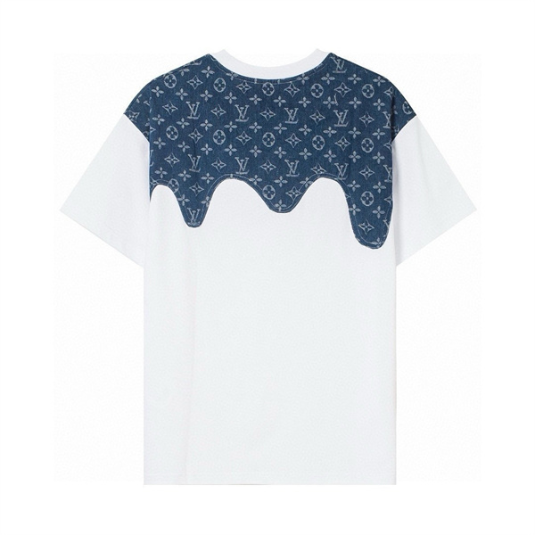  ホワイトクルーネックTシャツ Louis Vuitton ブルーLVプリント ルイヴィトン コピー 肩パネル風デザイン モノグラム柄