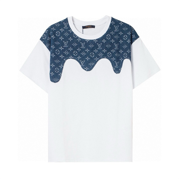  ホワイトクルーネックTシャツ Louis Vuitton ブルーLVプリント ルイヴィトン コピー 肩パネル風デザイン モノグラム柄