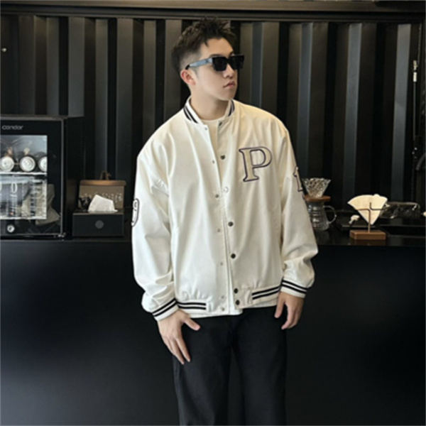 ホワイト スナップジャケット BALENCIAGA レターパッチ バレンシアガ コピー スタジアムジャンパー風 ブラックリブ 長袖アウター