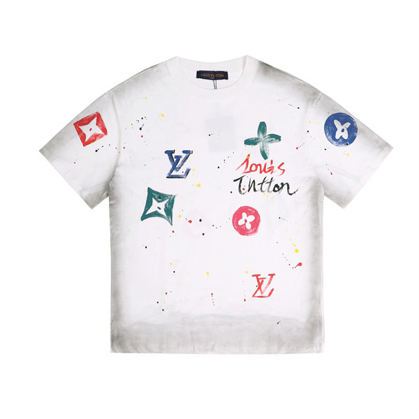 ペイントスプラッシュ 半袖Tシャツ Louis Vuitton マルチカラーLVプリント ルイヴィトン コピー ブラック ホワイト クルーネック