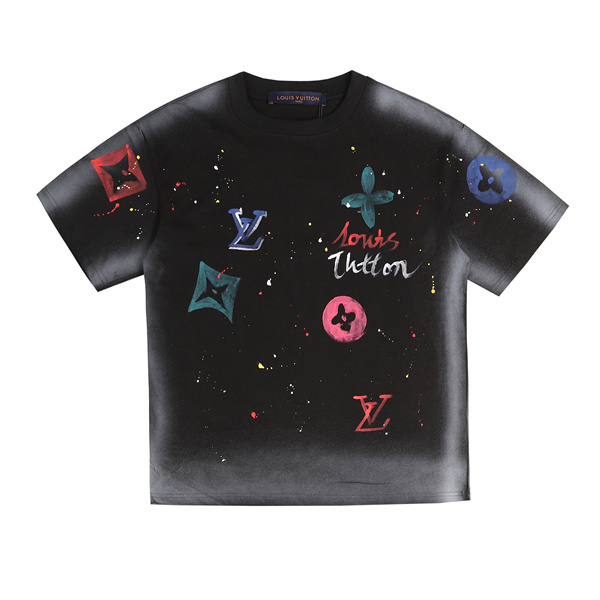 ペイントスプラッシュ 半袖Tシャツ Louis Vuitton マルチカラーLVプリント ルイヴィトン コピー ブラック ホワイト クルーネック