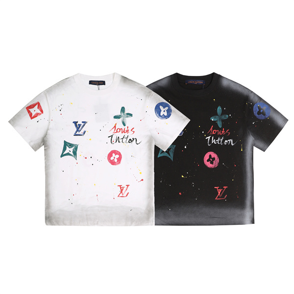 ペイントスプラッシュ 半袖Tシャツ Louis Vuitton マルチカラーLVプリント ルイヴィトン コピー ブラック ホワイト クルーネック