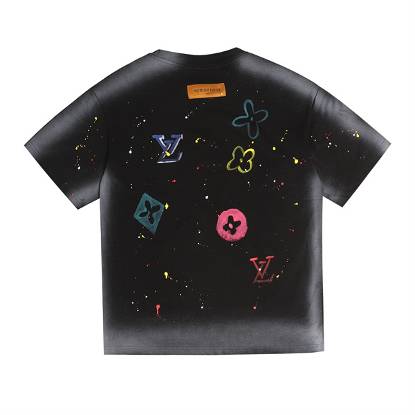 ペイントスプラッシュ 半袖Tシャツ Louis Vuitton マルチカラーLVプリント ルイヴィトン コピー ブラック ホワイト クルーネック