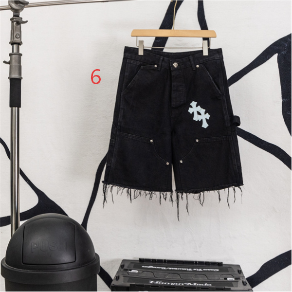 ブラックデニム ショートパンツ Chrome Hearts クロスパッチ装飾 クロムハーツ コピー カットオフ裾 レッドホワイト ワイドポケット