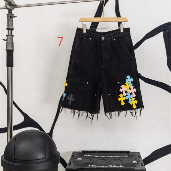ブラックデニム ショートパンツ Chrome Hearts クロスパッチ装飾 クロムハーツ コピー カットオフ裾 レッドホワイト ワイドポケット