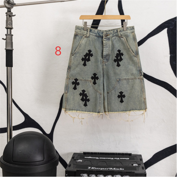 ブラックデニム ショートパンツ Chrome Hearts クロスパッチ装飾 クロムハーツ コピー カットオフ裾 レッドホワイト ワイドポケット