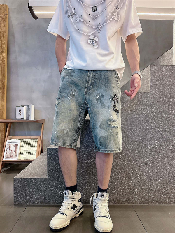 ラックデニム ショートパンツ Chrome Hearts クロスパッチ装飾 クロムハーツ コピー カットオフ裾 レッドホワイト ワイドポケット