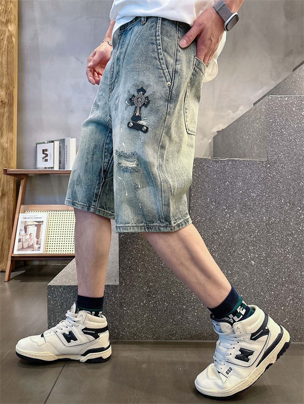ラックデニム ショートパンツ Chrome Hearts クロスパッチ装飾 クロムハーツ コピー カットオフ裾 レッドホワイト ワイドポケット