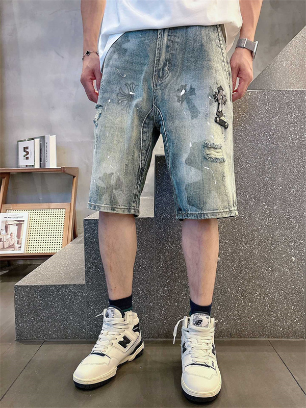 ラックデニム ショートパンツ Chrome Hearts クロスパッチ装飾 クロムハーツ コピー カットオフ裾 レッドホワイト ワイドポケット