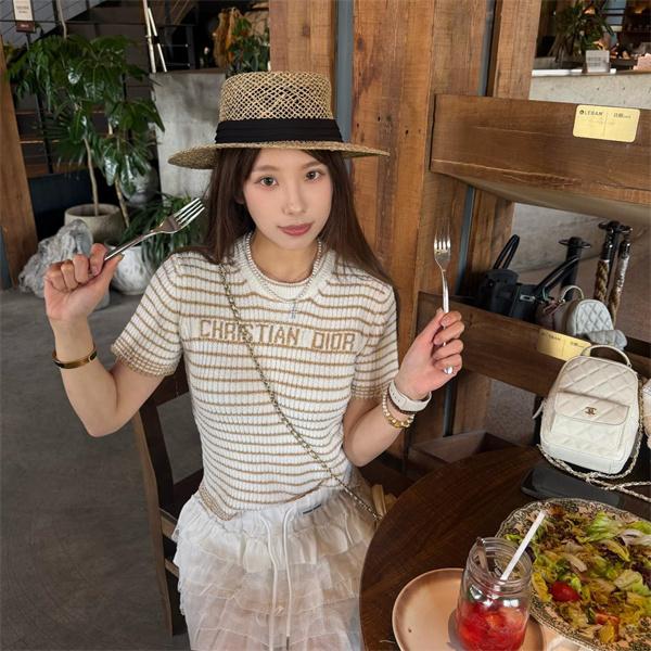 ディオール スーパーコピー Ｔシャツ レディース ニット 半袖 ボーダー ロゴ入り 春夏 上品 シンプル カジュアル Dior 