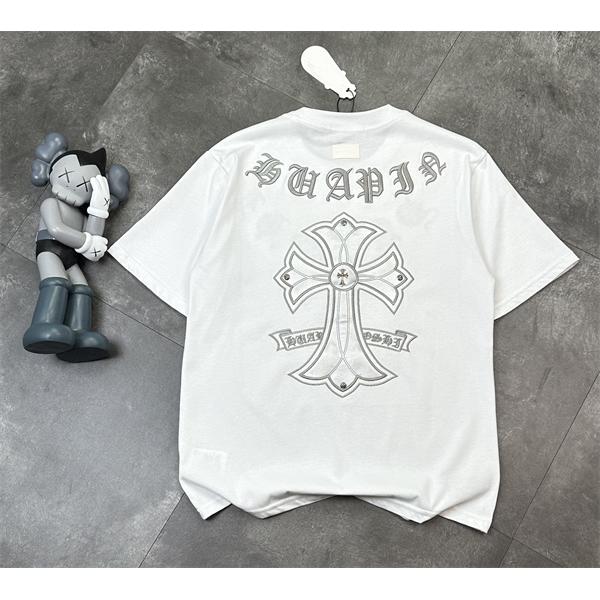  クロムハーツ コピー 半袖 Tシャツ メンズ ワイドフィット 刺繍デザイン クロスモチーフ ゴシック文字 バックプリント フロントロゴ オーバーサイズ カジュアル ストリート ホワイト 春夏