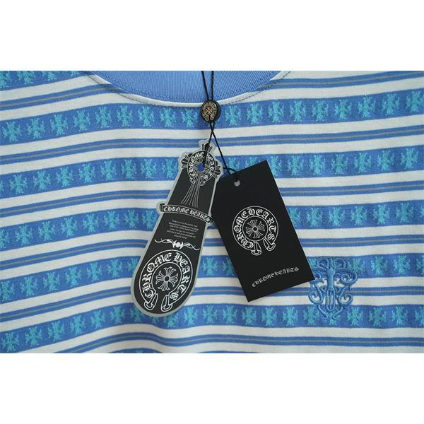 クロムハーツ コピー 柄ボーダー クルーネック 半袖Tシャツ ブルー系 ワンポイントロゴ Chrome Hearts