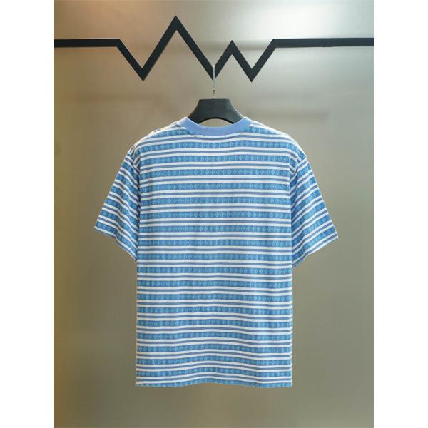 クロムハーツ コピー 柄ボーダー クルーネック 半袖Tシャツ ブルー系 ワンポイントロゴ Chrome Hearts