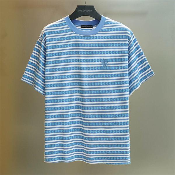 クロムハーツ コピー 柄ボーダー クルーネック 半袖Tシャツ ブルー系 ワンポイントロゴ Chrome Hearts
