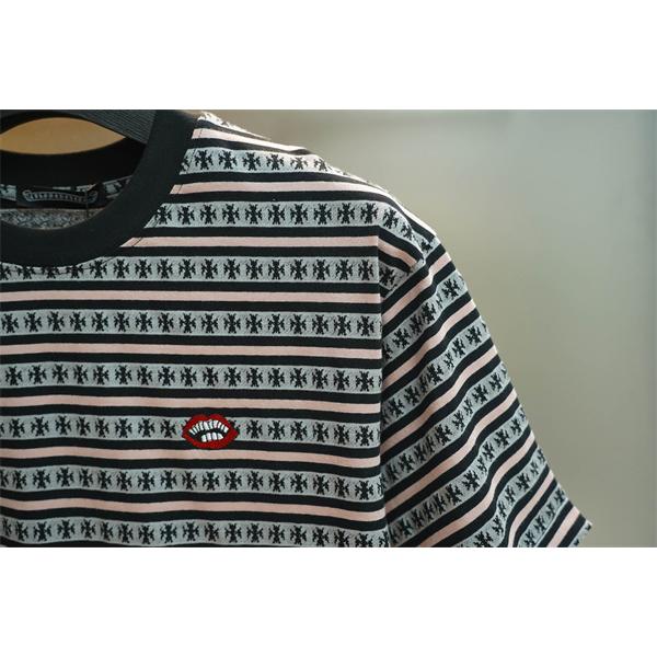 クロムハーツ コピー ボーダー 半袖Tシャツ ブラック ピンクグレー ワンポイント クルーネック Chrome Hearts