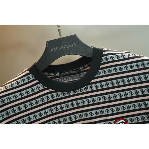 クロムハーツ コピー ボーダー 半袖Tシャツ ブラック ピンクグレー ワンポイント クルーネック Chrome Hearts