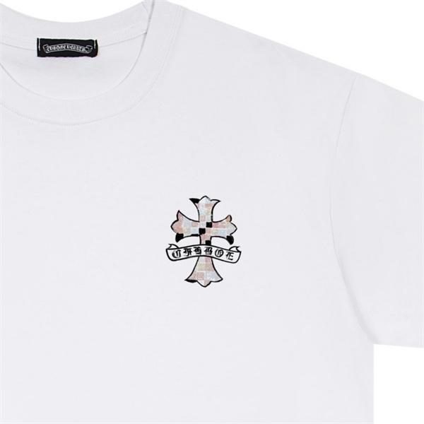 クロムハーツ コピー クルーネック 半袖Tシャツ ホワイト ブラック クロスデザイン チェック調プリント Chrome Hearts