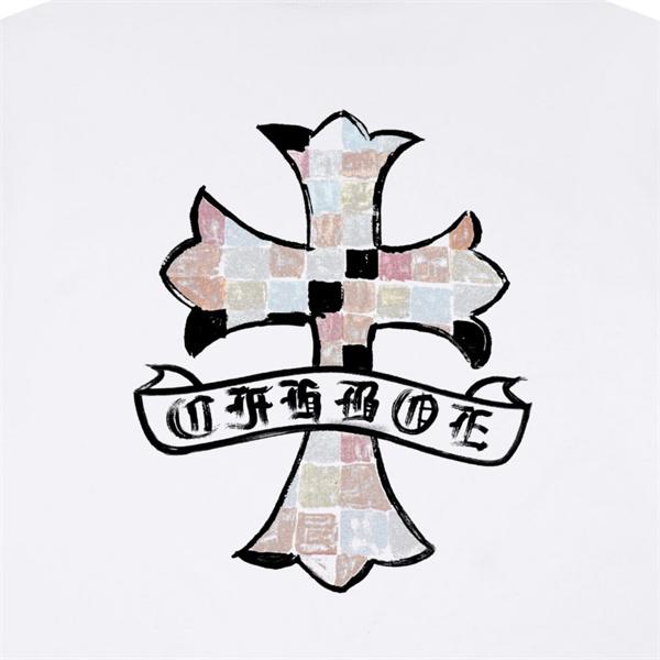 クロムハーツ コピー クルーネック 半袖Tシャツ ホワイト ブラック クロスデザイン チェック調プリント Chrome Hearts