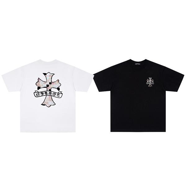 クロムハーツ コピー クルーネック 半袖Tシャツ ホワイト ブラック クロスデザイン チェック調プリント Chrome Hearts