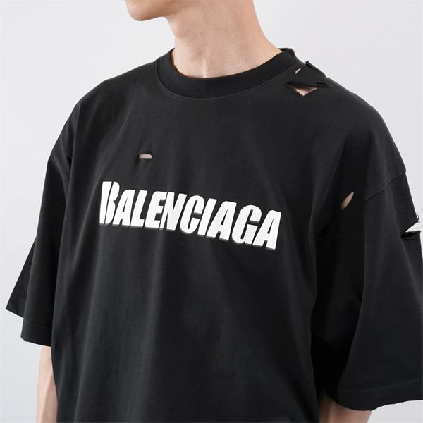バレンシアガ コピー Balenciaga 651795 半袖Tシャツ ブラック ダメージ加工 ロゴプリント オーバーサイズ クラッシュデザイン ストリート系 メンズ