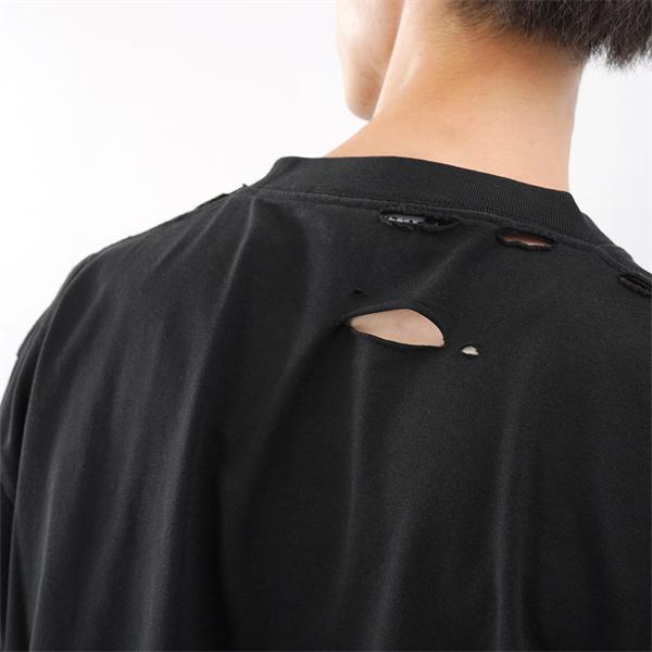 バレンシアガ コピー Balenciaga 651795 半袖Tシャツ ブラック ダメージ加工 ロゴプリント オーバーサイズ クラッシュデザイン ストリート系 メンズ