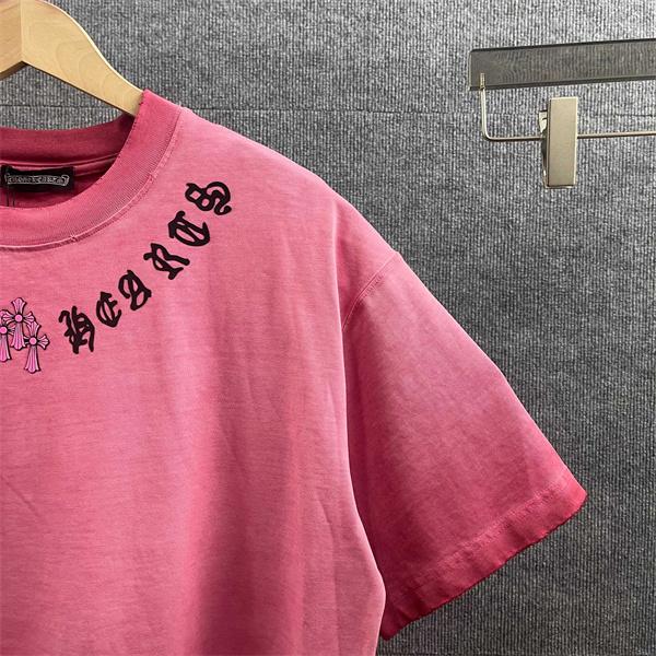 ピンク 半袖Tシャツ ネックロゴ クロスモチーフ バックプリント 甘辛ストリート クロムハーツ コピー Chrome Hearts