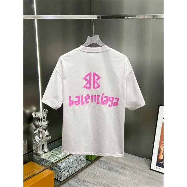 白Tシャツ 半袖 バレンシアガ コピー ピンク 手描き風 Balenciaga シンプル ストリート グラフィティ風