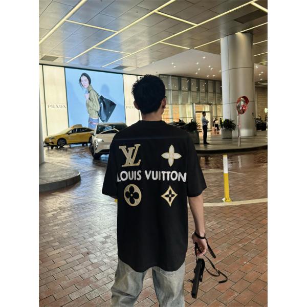 バックロゴ 半袖Tシャツ ルイヴィトン コピー ブラック オーバーサイズ LVモチーフ フラワー グラフィック Louis Vuitton