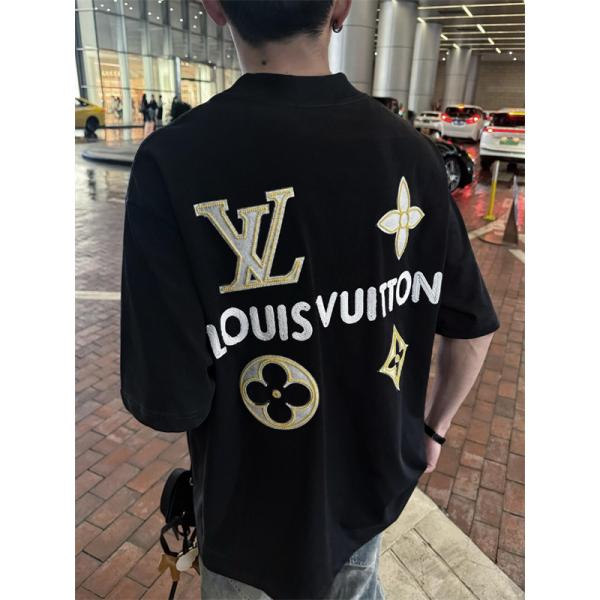バックロゴ 半袖Tシャツ ルイヴィトン コピー ブラック オーバーサイズ LVモチーフ フラワー グラフィック Louis Vuitton