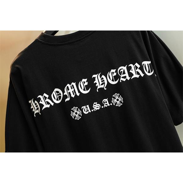  半袖Tシャツ 激安 クロムハーツ コピー ブラック ロゴプリント コットン素材 クルーネック ルーズフィット CHROME HEARTS 通気性 軽量 柔らかい ストリート 夏 