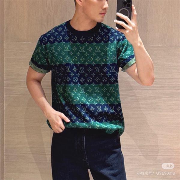 ボーダー 切替 モノグラム ジャガード 半袖ニットTシャツ 上質素材 厚手 高級感 ルーズフィット メンズ レディース ルイヴィトン コピー Louis Vuitton