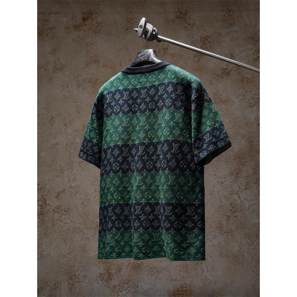ボーダー 切替 モノグラム ジャガード 半袖ニットTシャツ 上質素材 厚手 高級感 ルーズフィット メンズ レディース ルイヴィトン コピー Louis Vuitton