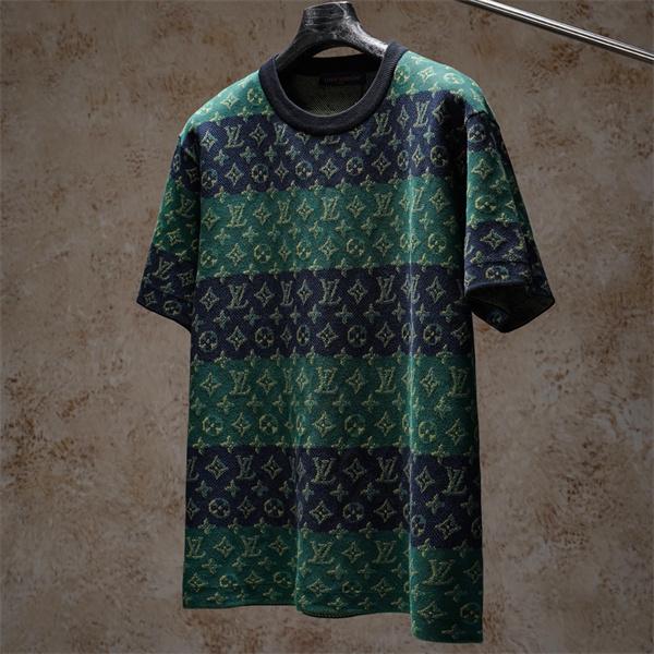 ボーダー 切替 モノグラム ジャガード 半袖ニットTシャツ 上質素材 厚手 高級感 ルーズフィット メンズ レディース ルイヴィトン コピー Louis Vuitton